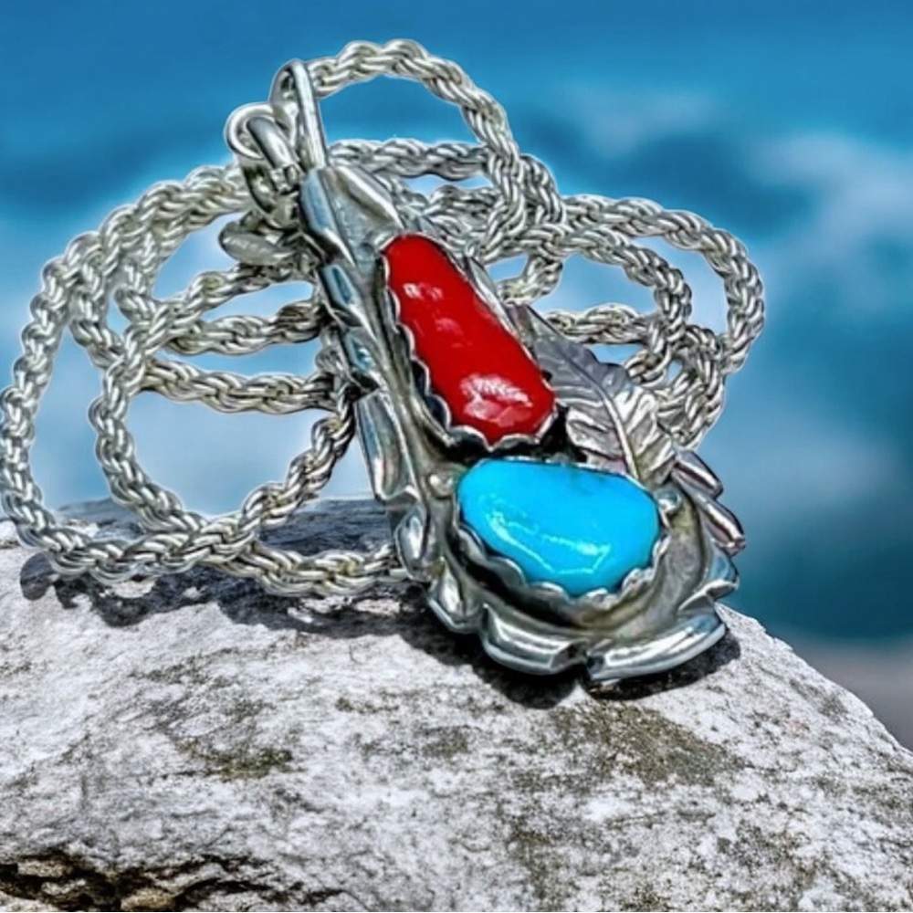 🌺Vintage Zuni Vance Cheama Sterling, Turquoise & Coral Necklace - Picture 8 of 11